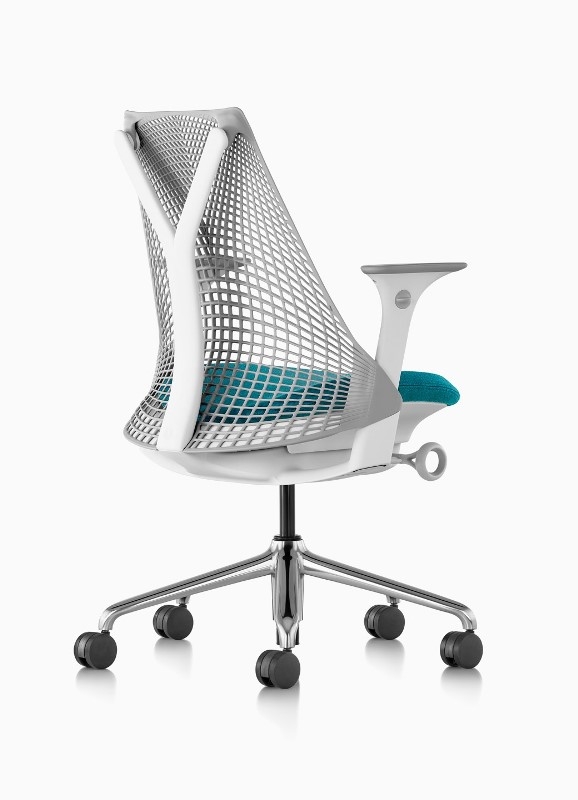 Sayl Work Chair in Slate Grey with Studio White Y tower back on Polished base. Sayl work chair, Herman Miller Y back chair, Herman Miller Yves Béhar chair