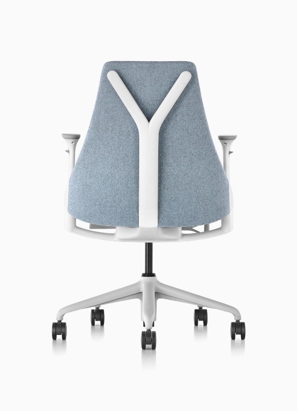 Sayl Work Chair Fully upholstered on Studio White Y tower back on Fog base. Sayl work chair, Herman Miller Y back chair, Herman Miller Yves Béhar chair