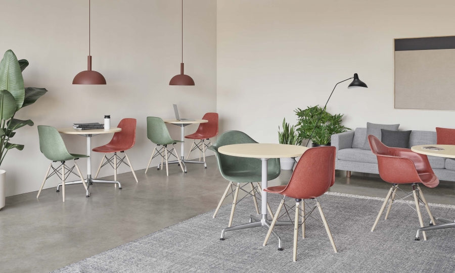 Eames Fibreglass chairs in Terra Cotta and Deep Seafoam on dowel base Fibreglass shell eames chair, Fiberglass chair by Charles and Ray Eames, Fiberglass chair with arms by herman miller