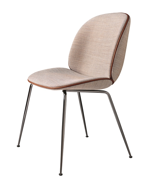 Beetle chair in Kvadrat Remix 612, piping in leather Cognac on Black chrome base Gubi Beetle chair upholstered, Gubi beetle chair designed by GamFratesi