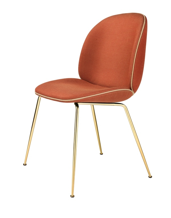Beetle chair in Backhausen Solo, piping in Jabana on Brass base Gubi Beetle chair upholstered, Gubi beetle chair designed by GamFratesi