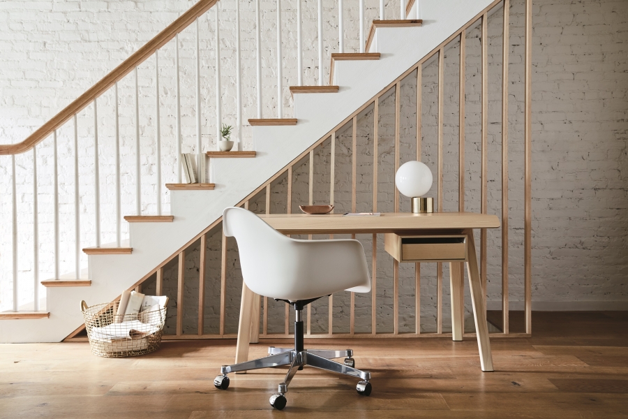 Distil Desk in White Ash and Eames Task Chair Distil desk designed by Todd Bracher, Eames Task chair, Herman Miller desk, Herman miller timber desk