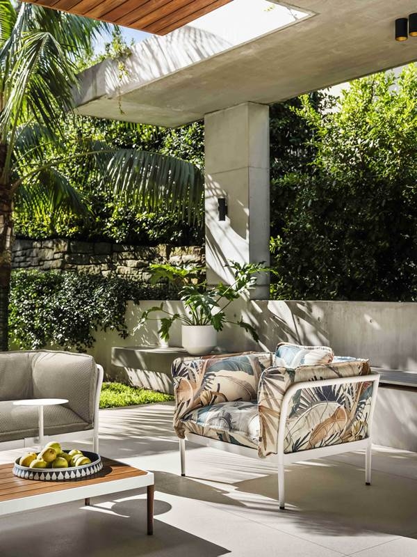 Trace armchair in Tropicalia Gilver Miami Sand New fabric tait outdoor, outdoor furniture by tait, mokum fabric on tait outdoor furniture