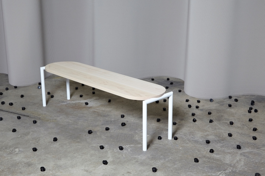 Benchmark - Rock maple on textured white frame Furnished Forever bench, Benchmark by Furnished Forever, Benchmark designed by Furnished Forever