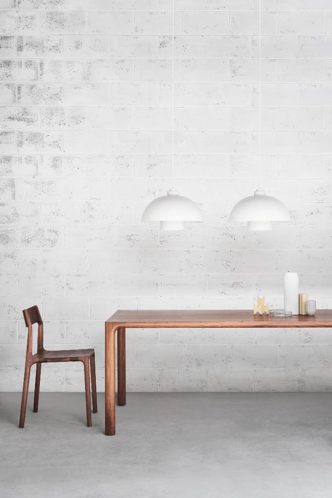 Molloy Dining table, dining chair and Bell pendant light Molloy Dining Table designed by Adam Goodrum