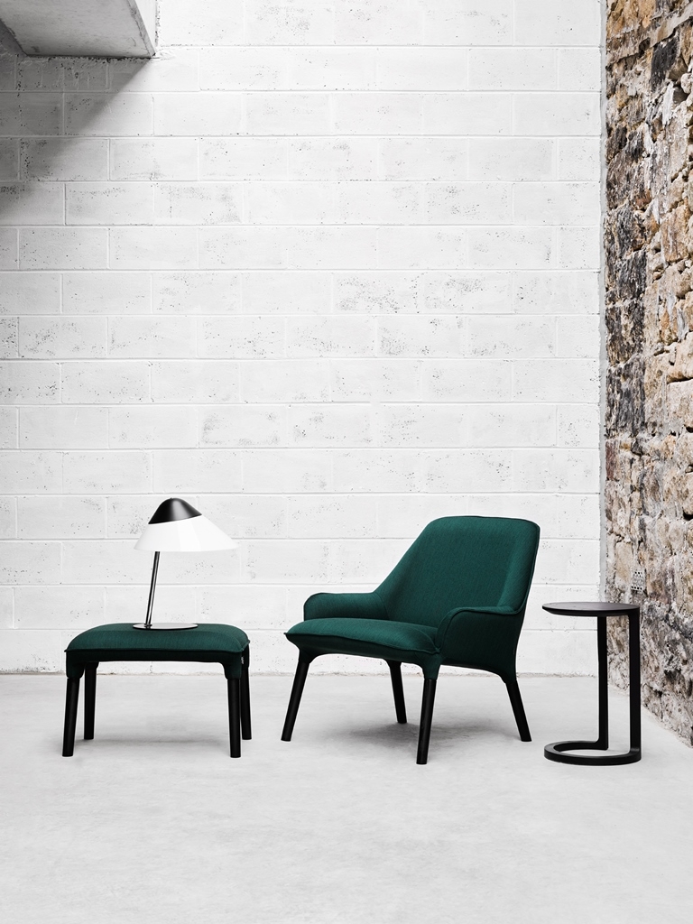 Plum armchairs + footstool + Nest side table Plum chair designed by Adam Goodrum for NAU