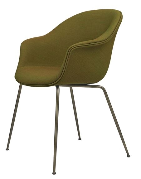 Bat dining chair upholstered on Antique Brass conic base Bat dining chair GUBI designed by GamFratesi, Bat dining chair on conic base designed by GamFratesi, Gubi dining chair designed by GamFratesi