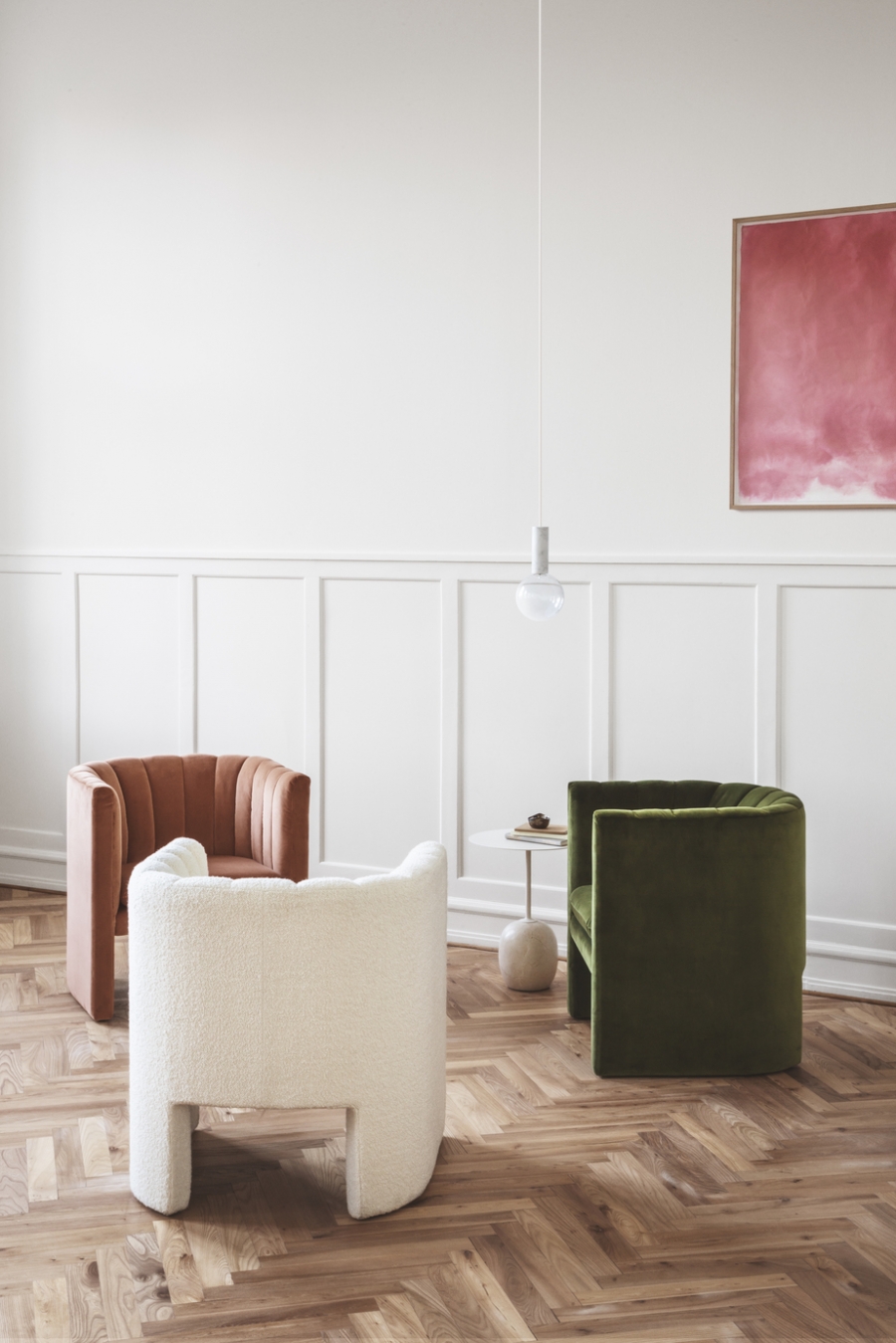 Loafer SC23 chair in Clay, Ivory and Pine, Lato LN8 and Marble Light SV5 Loafer SC23 lounge chair designed by Space Copenhagen for &Tradition, &Tradition Loafer single seater designed by Space Copenhagen, Loafer easy chair SC23