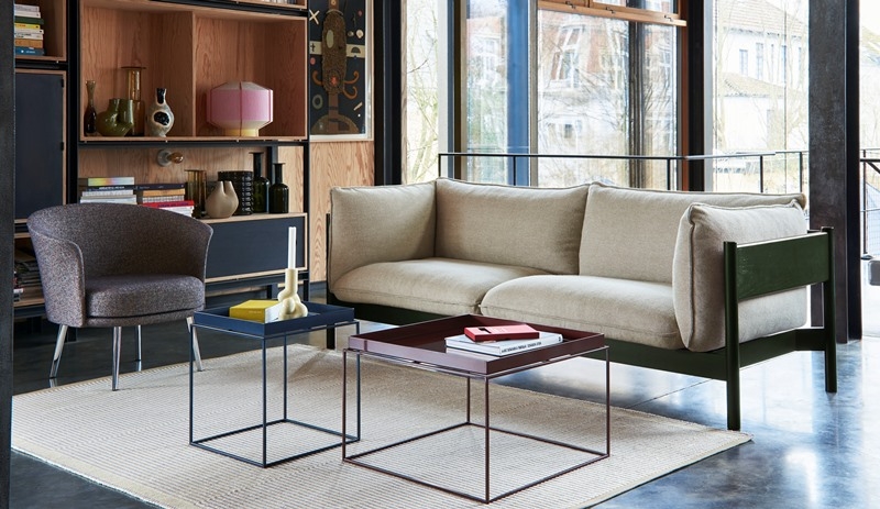 Arbour 3 Seater Hallingdal 220 bottle green water-based lacquer beech base_Tray Table deep blue high gloss_chocolate high gloss Arbour Sofa designed by Daniel Rybakken and Andreas Engesvik for HAY, HAY Arbour Eco sofa