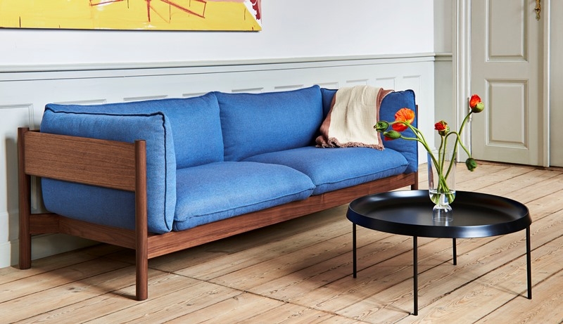 Arbour 3 Seater Re-wool 758 oiled waxed walnut_Tulou Coffee Table black_Crinkle Stripe Plaid cappuccino Arbour Sofa designed by Daniel Rybakken and Andreas Engesvik for HAY, HAY Arbour Eco sofa