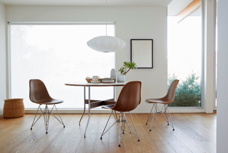 Nelson Bubble Lamp_Nelson Swag Leg Table_Eames Moulded Wood Chair on Wire Nelson Swag Leg Desk and Table designed by George Nelson for Herman Miller, Herman Miller Nelson Swag Leg Desk and Table