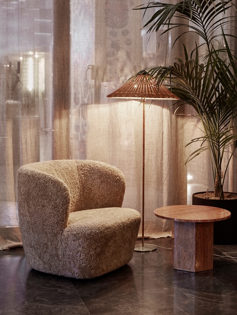 StayLoungeChair_9602FloorLamp_EpicCoffeeTable 9602 Floor Lamp designed by Paavo Tynell, Paavo Tynell Chinese Hat Floor Lamp, Gubi 9602 Floor Lamp
