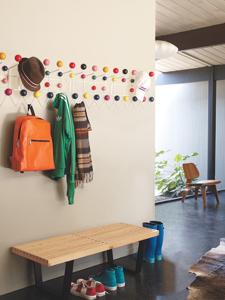 Nelson Platform Bench, Eames Hang It All and Eames Moulded Lounge chair Nelson Platform Bench, Eames Hang It All and Eames Moulded Lounge chair