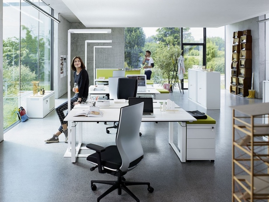 Lavigo Floor Lamp by Waldmann Lighting, Energy-efficient LED freestanding lighting for office, Daylight and presence sensor technology and a Pulse Talk option enable wireless communication between several luminaires