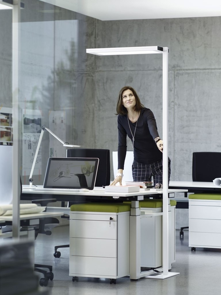 Lavigo Floor Lamp by Waldmann Lighting, Energy-efficient LED freestanding lighting for office, Daylight and presence sensor technology and a Pulse Talk option enable wireless communication between several luminaires