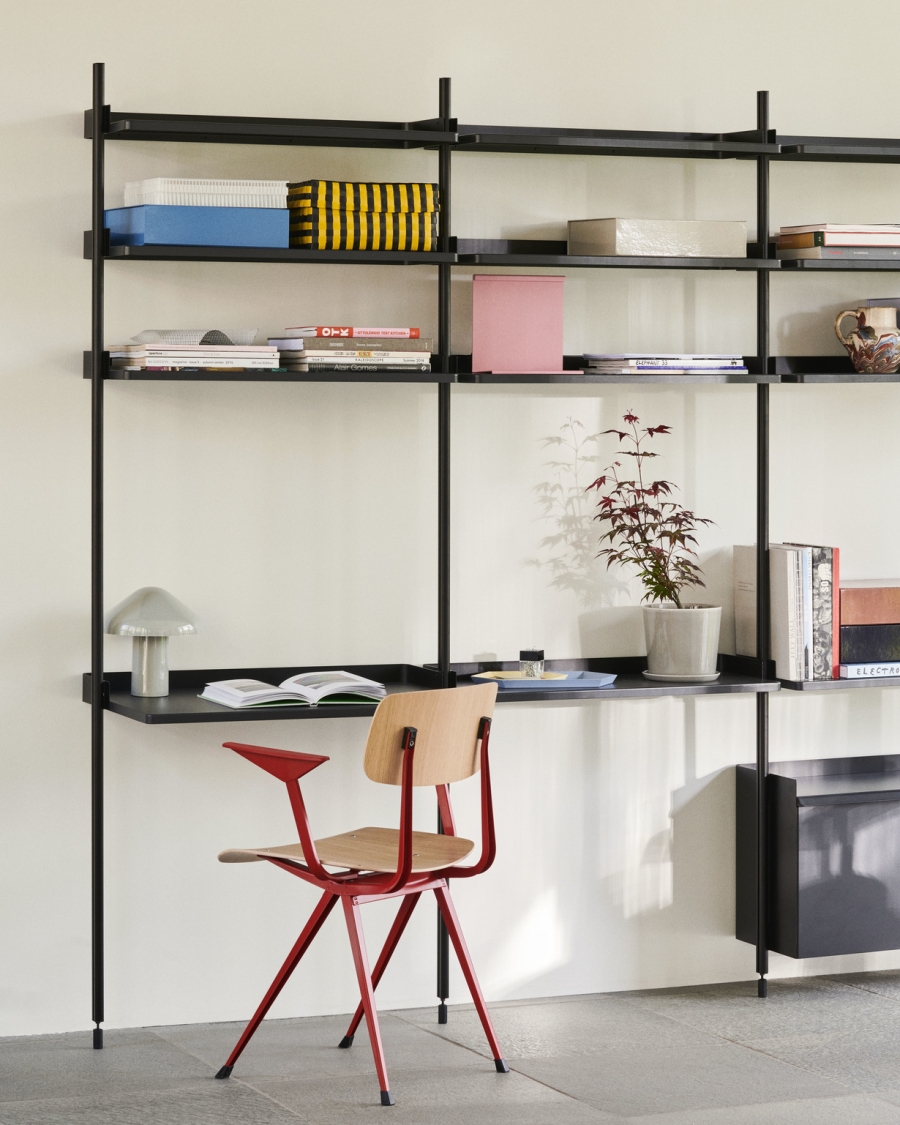 Pier System 23 PS black powder coated steel black anodised profiles_Result Armchair oak seat tomato red armrest and frame_Pao Portable cool grey Pier System Designed by Ronan & Erwan Bouroullec for HAY, HAY Pier Shelving System