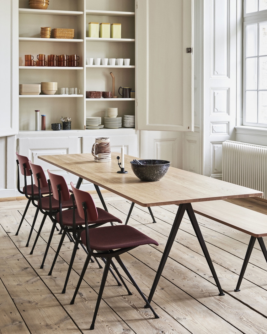 Result Chair uph. Remix 373_Pyramid Table 02 matt lacquered oak_Pyramid Bench 12 matt lacquered oak Pyramid Table designed by Wim Rietveld, HAY Pyramid Table