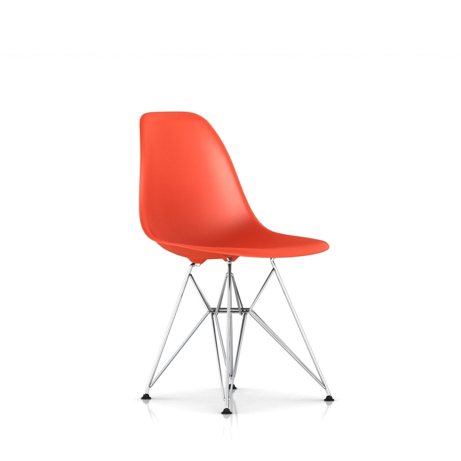 Eames Moulded Plastic Chair with Wire Base - Red Orange shell Eames Moulded Plastic Side Chair designed by Charles and Ray Eames, Herman Miller Eames Moulded Plastic dining Chair