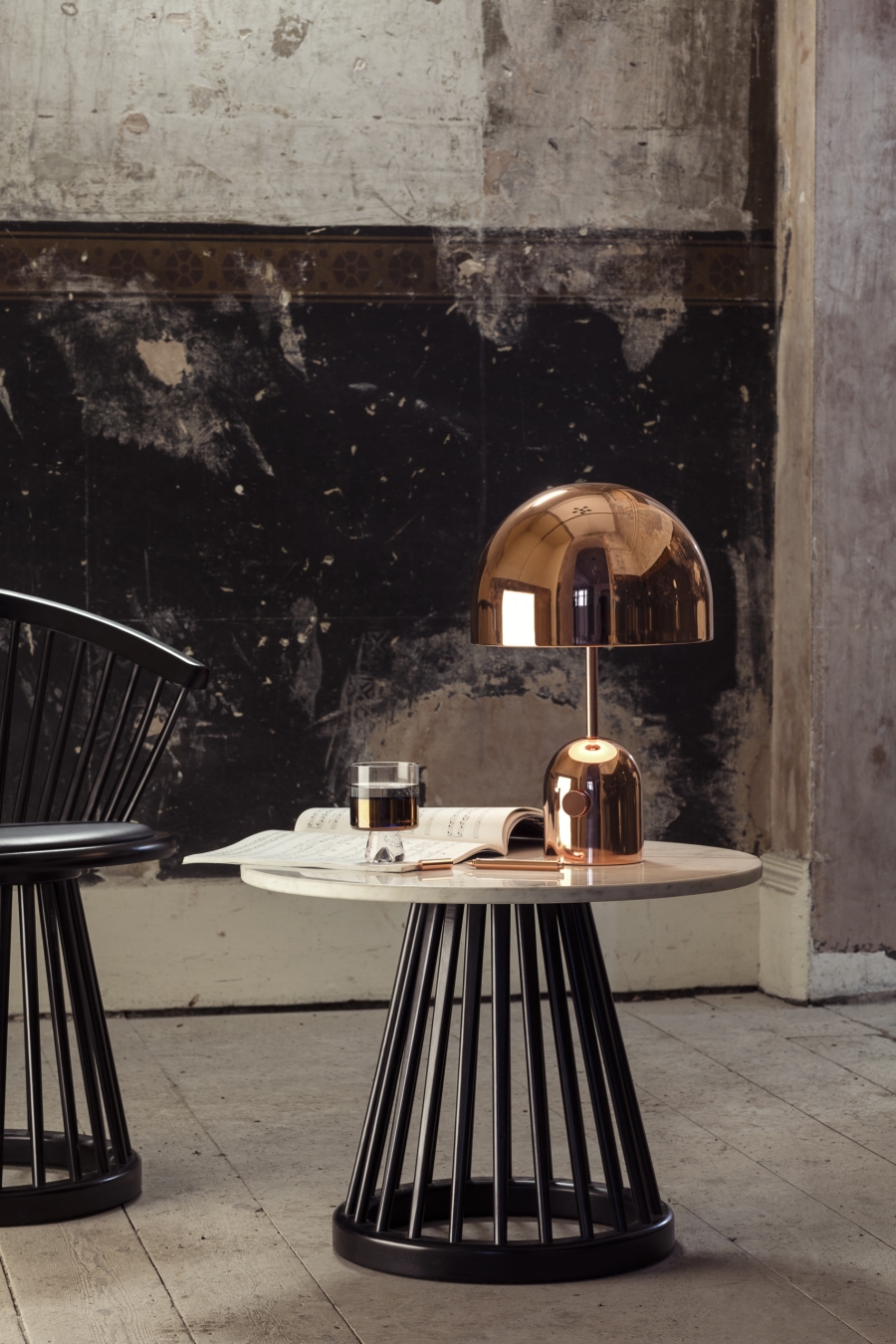 Bell Table Light Copper with Fan Table, Tank Low Ball Glass, Cube Pen Fan Table by Tom Dixon