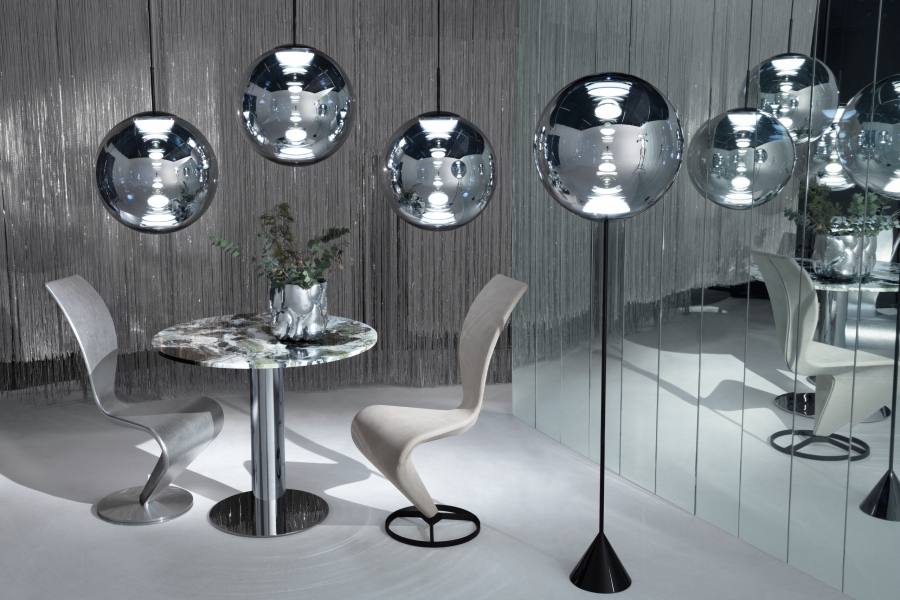 S Chairs, Tube Table and Mirror Ball Pendant S Chair designed by Tom Dixon