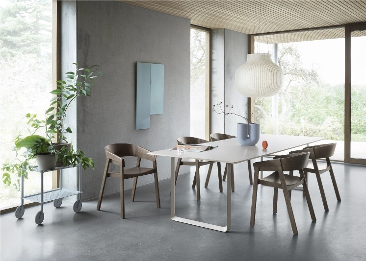 cover-armchair-stained-dark-brown-70-70-table-sand-strand-pendant-closed-60-flow-trolley-2-layer-grey 70/70 Table by Muuto, Muuto Dining Table