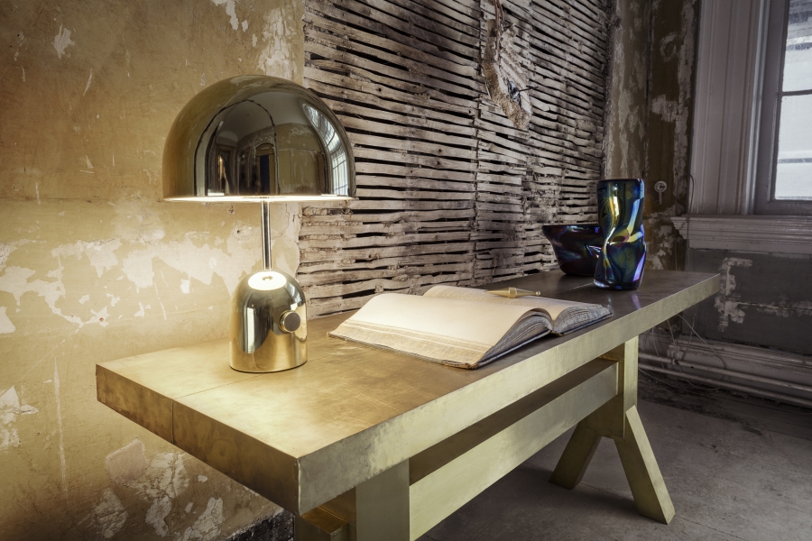 Bell Table Light Gold with Mass Console and Warp Bell Table Lamp by Tom Dixon