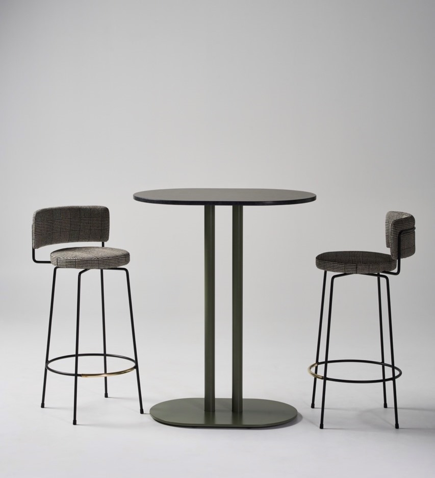 Double-pillar-high-table-with-diiva-stools-in-custom-upholstery Diiva Stool Collection by Grazia&Co, Australian design and manufacture furniture