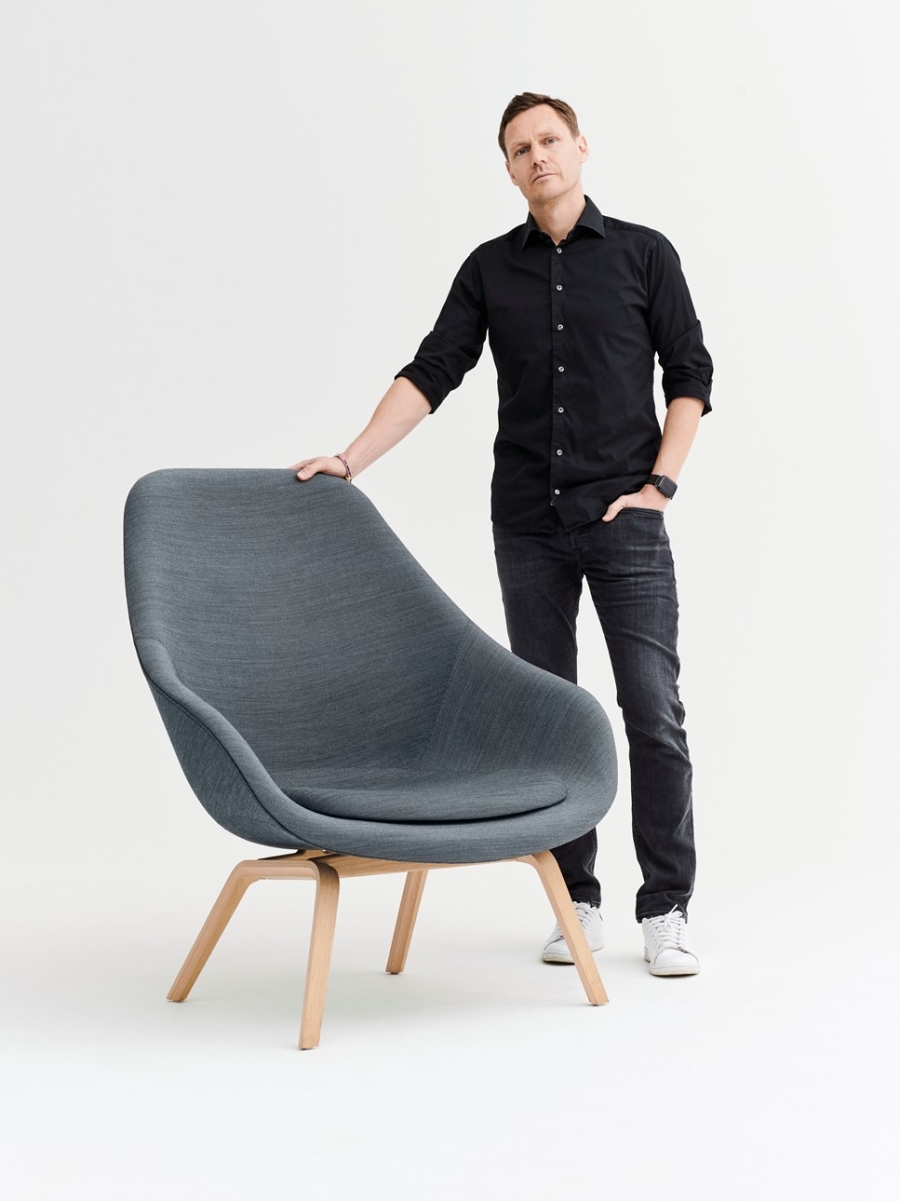 Designer Hee Welling with his AAL93 AAL93 Lounge chair, designed by Hee Welling for HAY, available at Designcraft Canberra