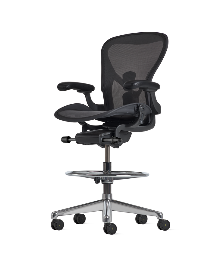 Aeron ESD Stool_side_Graphite_Polished aluminium base_angle Aeron ESC Stool by Herman Miller, Aeron Electrostatic Discharge Work Stool
