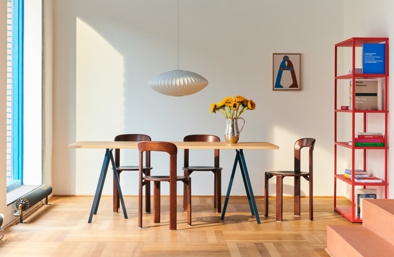 Loop Stand Table L180xW87,5xH74 wb lacquered oak tabletop_deep blue powder coated steel frame_Rey Chair umber brown wb lacquered beech_New Order Combination 501 red New Order Shelving System by HAY, HAY New Order Combinations