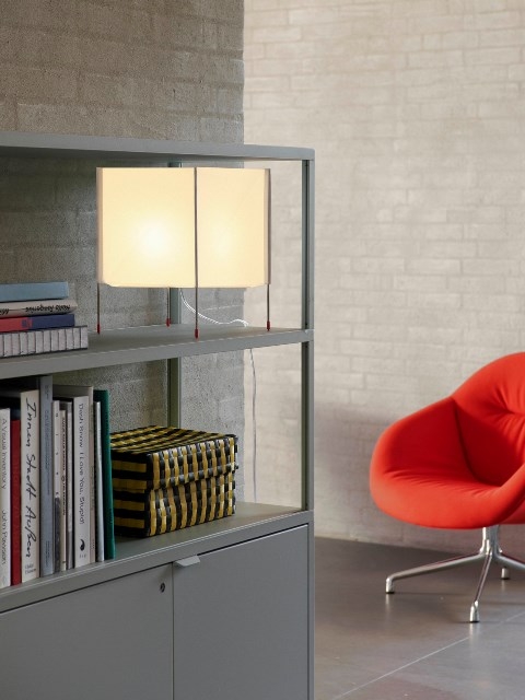 Paper Cube Table Lamp_New Order Shelving System light grey_Maxim Stripe Box L yellow black New Order Shelving System by HAY, HAY New Order Combinations