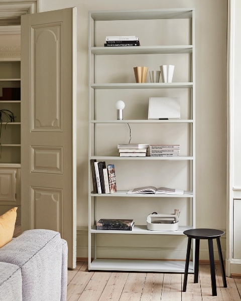 Revolver Stool black_New Order Combination 701 light grey_Turn On natural New Order Shelving System by HAY, HAY New Order Combinations