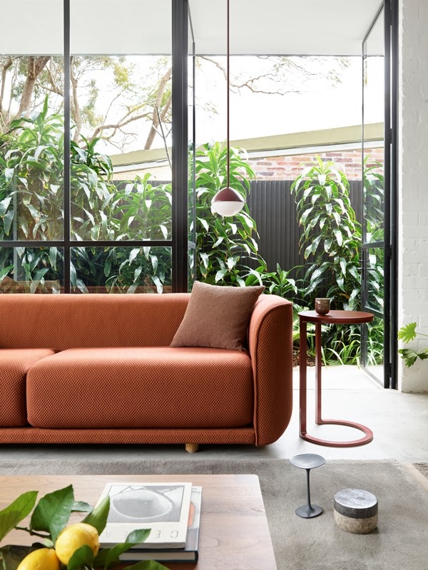 Fat Tulip Sofa, Nest Monochrome Red and Jolly Pendant Lamp Fat Tulip Sofa designed by Adam Goodrum for NAU, NAU Fat Tulip