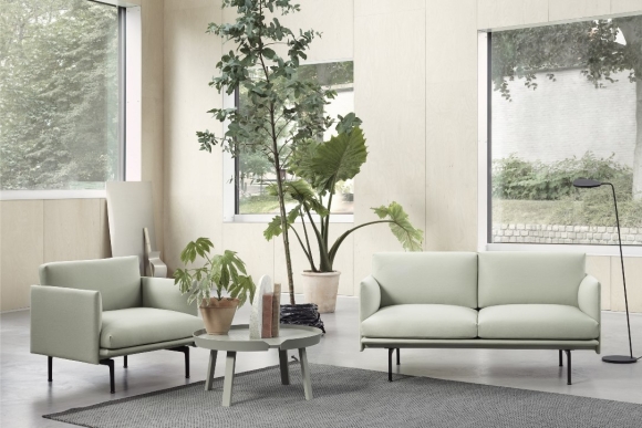 Outline Studio 2 Seater Sofa & Armchair upholstered in Steelcut 935, Around Cofee Table in Dusty green, Ply Rug Dark Grey, Leaf Floor Lamp Black all by Muuto
