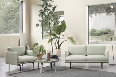 Outline Studio 2 Seater Sofa & Armchair upholstered in Steelcut 935, Around Cofee Table in Dusty green, Ply Rug Dark Grey, Leaf Floor Lamp Black all by Muuto