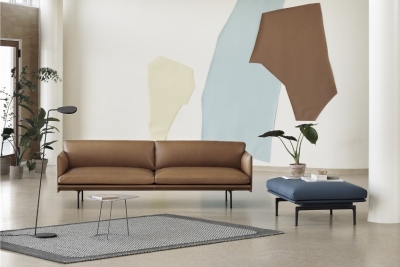 Outline 3 seater Sofa upholstered in Refine Leather with Outline pouf and pebble rug all by Muuto, available in Designcraft in Canberra